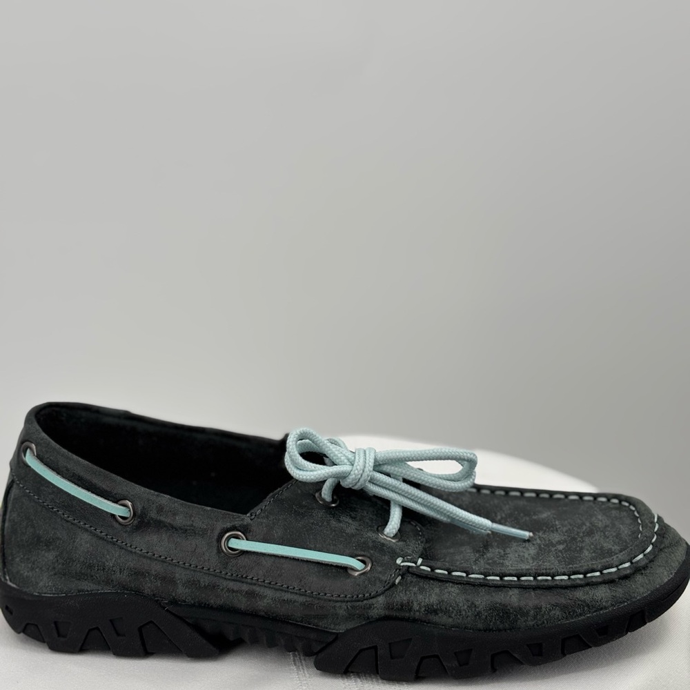 Ferrini Smoky Black Distressed Boat Shoes Moc Toc Leather Loafers Sz 9